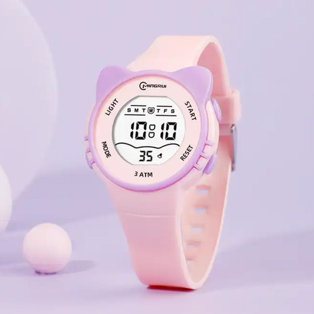 キッズ 腕時計 デジタル時計 猫 防水 光る ストップウォッチ アラーム かわいい 多機能 子ども用 カレンダー | ピンク