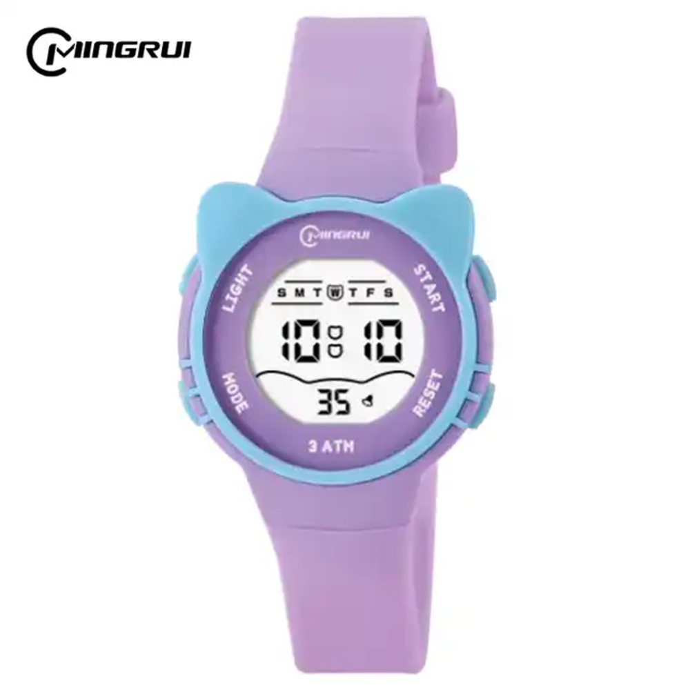 キッズ 腕時計 デジタル時計 猫 防水 光る ストップウォッチ アラーム かわいい 多機能 子ども用 カレンダー | 紫