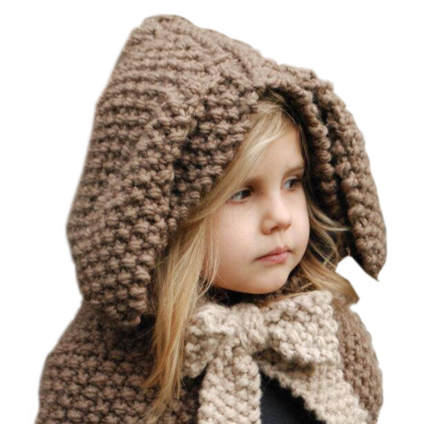 子供用 うさ耳ケープ 暖かい うさぎ もこもこ 帽子 ニット帽 ケーブル編み 兎 赤ちゃん 幼児 | ブラウン