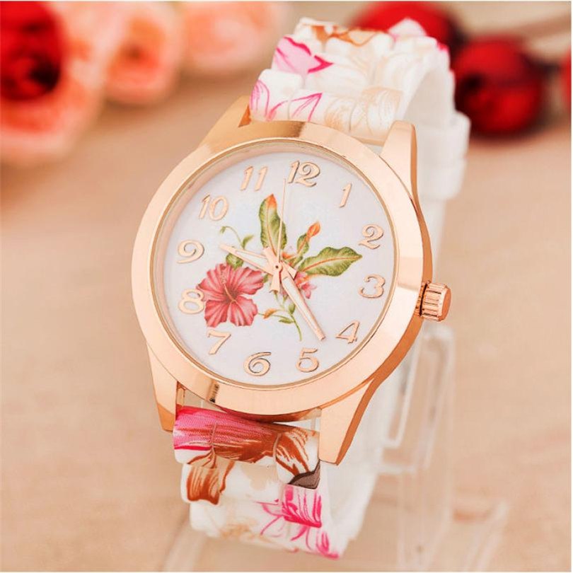 腕時計女性　女の子の腕時計シリコーンのプリントされた花の腕時計　 | ピンク