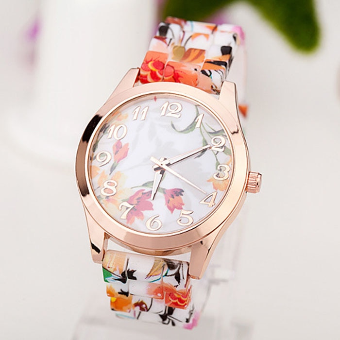 腕時計 女性 レディース ウォッチ 女の子の腕時計 ガールズ シリコーンバンド フラワープリント 花柄 華やか　 | オレンジ