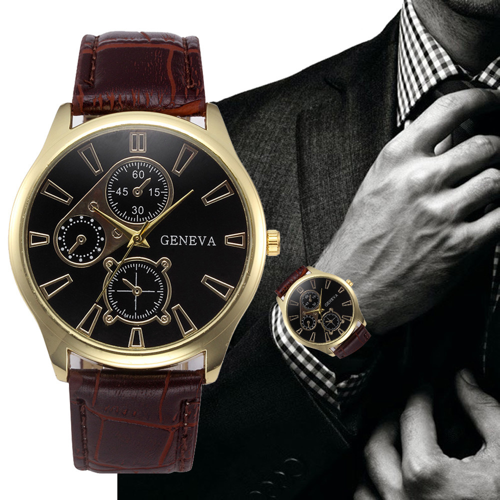GENEVA 腕時計 ビジネス メンズ レザーストラップ ファッション ウォッチ ギフト プレゼント 男性 ジュネーブ時計 | 茶