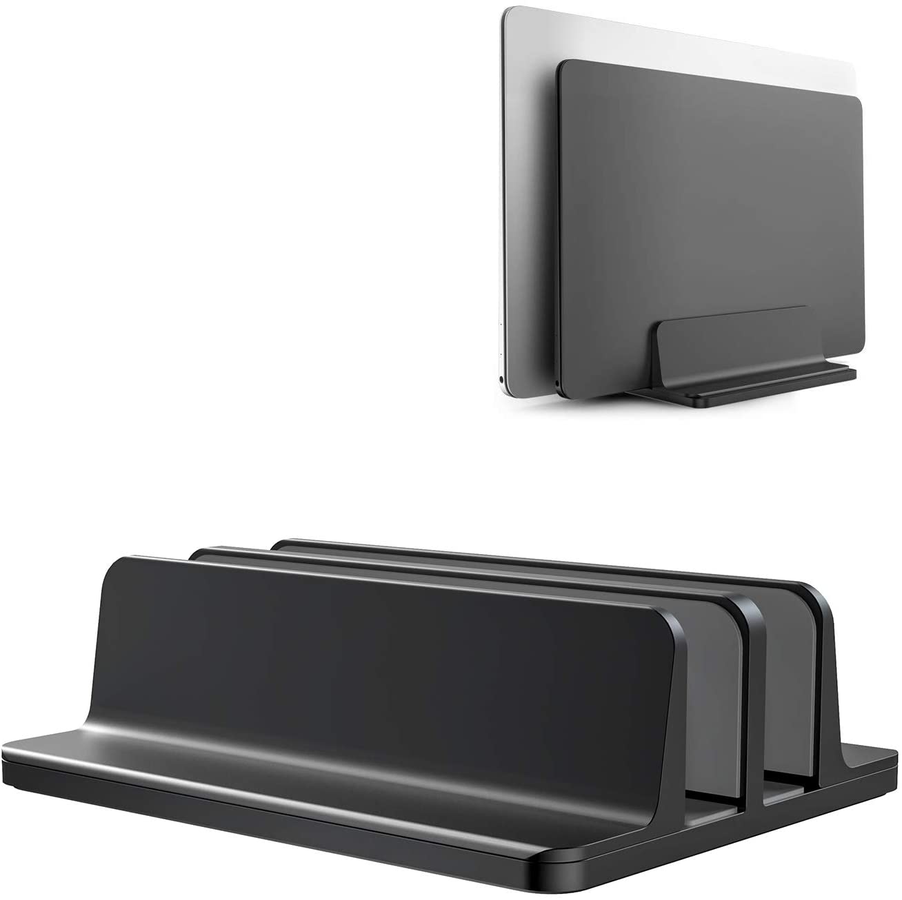 ノートパソコン スタンド PCスタンド 縦置き ２台収納 ホルダー幅調整可能 アルミ合金素材　MacBook Pro Air　windows | 黒