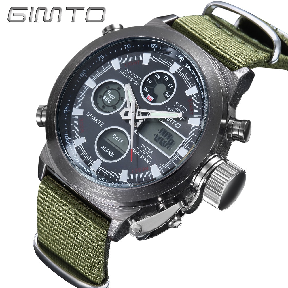 GIMTOクォーツデジタルスポーツウォッチ　メンズレザーナイロンLEDミリタリー軍防水ダイビング腕時計メンズ  | ナイロンブラックグリーン