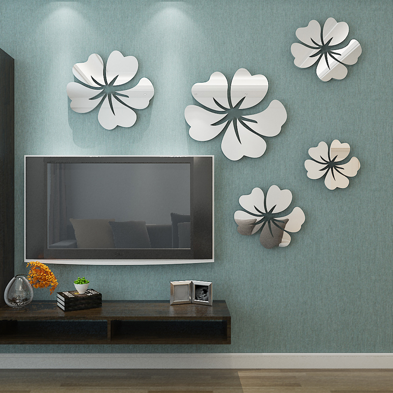 花 ホームインテリア 3D 壁 デカールアート DIY ミラー ステッカー リビングルーム 装飾 シルバー/ゴールド  | 銀