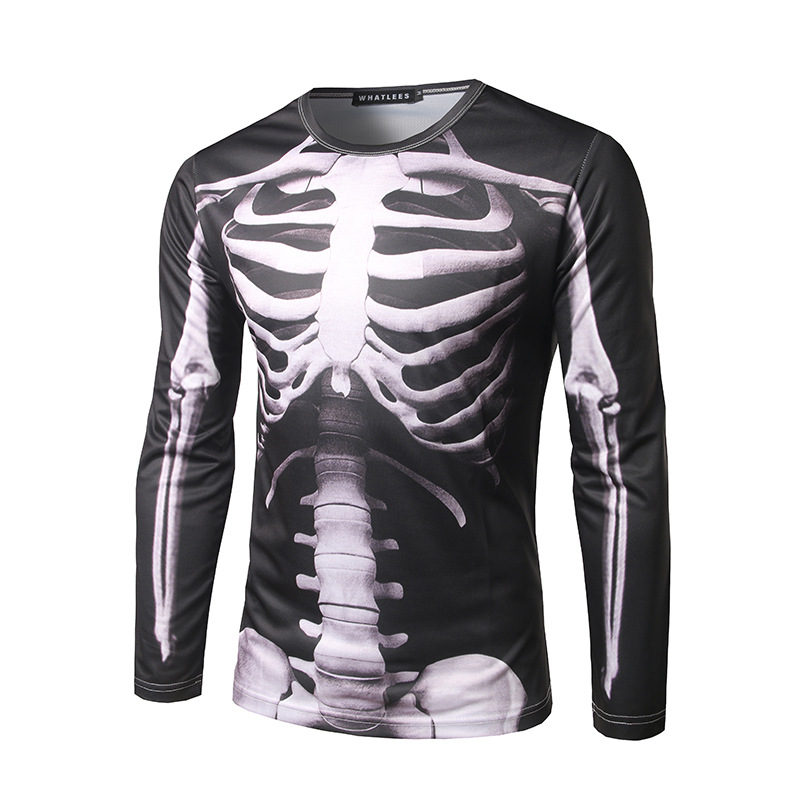 3D スケルトンプリント ロング Tシャツ メンズ ネタTシャツ ロンT 面白い ストリート ハロウィン スカル 骸骨 おもしろTシャツ 長袖 | M
