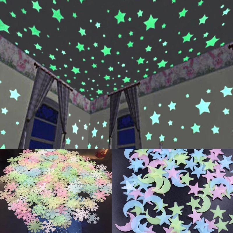 3D スター ムーン ウォールステッカー エネルギー貯蔵 蛍光灯 暗闇の中で光る 子供のための寝室の装飾 天井の装飾 デカール|ウォールステッカー|  | 3cmミックスカラー100本