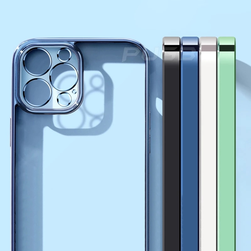 iPhone SE 第2世代 第3世代 高級スクエアフレーム メッキ透明ケース  iPhone 6/6s/7/8/SE2/SE3 ソフトクリアカバー スマホケース  | 青