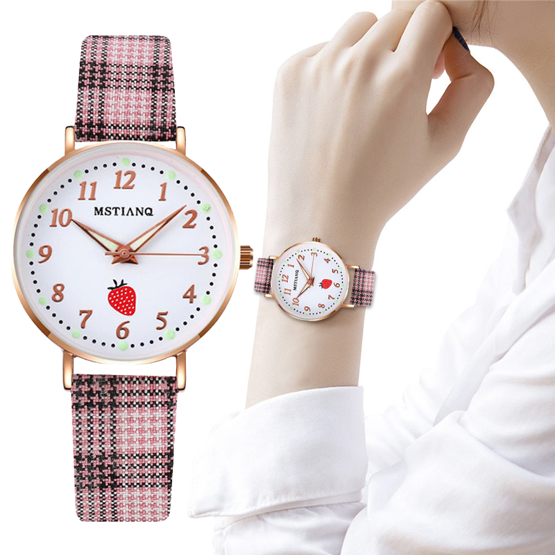 腕時計 レディース チェック柄 いちご かわいい オシャレ ファッション時計 女性 アナログ | A-1F3(ピンク) 