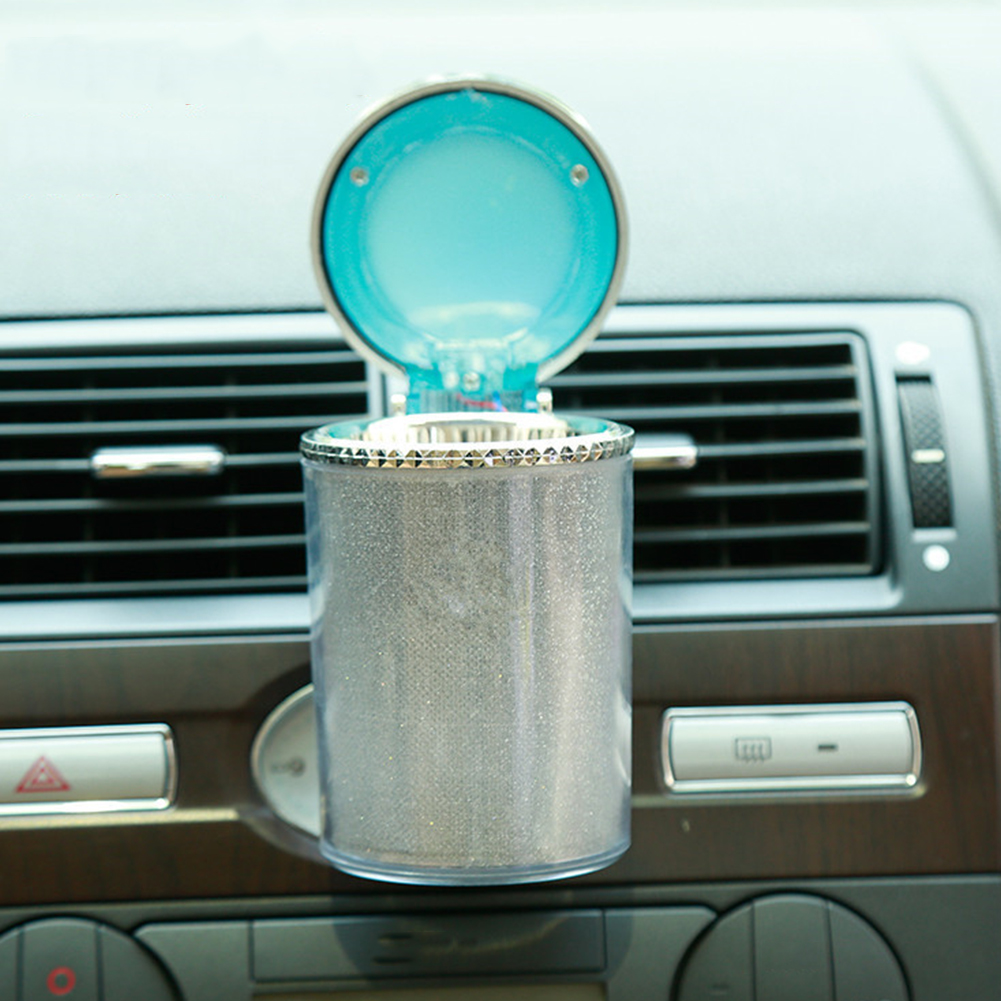 自動車用 LEDライトシリンダー 灰皿 コンテナホルダー 収納カップ すす漏れ防止 車の灰皿 | 銀