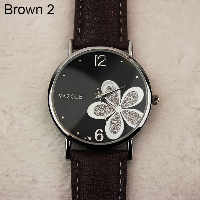 腕時計 レディース 革ベルト クォーツ腕時計 モントルフェムRelogio Feminino  | 茶ベルト・黒盤・白い花