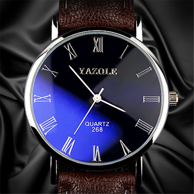 ヤゾールクォーツ時計　メンズファッションカジュアルビジネスレザーストラップ　クラシックブルーガラスメンズ時計 | 黒×白