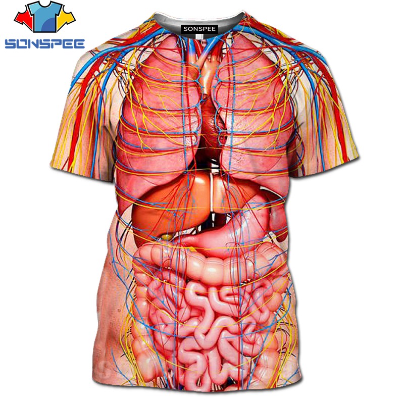 3Dプリント 男性 スケルトン内臓Tシャツ 人体模型Tシャツ おもしろTシャツ ネタ メンズ ファッション 半袖 | 血管あり-M