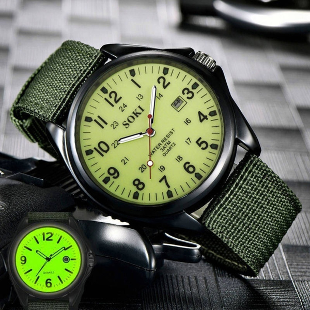 メンズ腕時計 ミリタリーアーミー メンズ デイトキャンバスストラップ アナログクォーツ スポーツ腕時計 | 緑