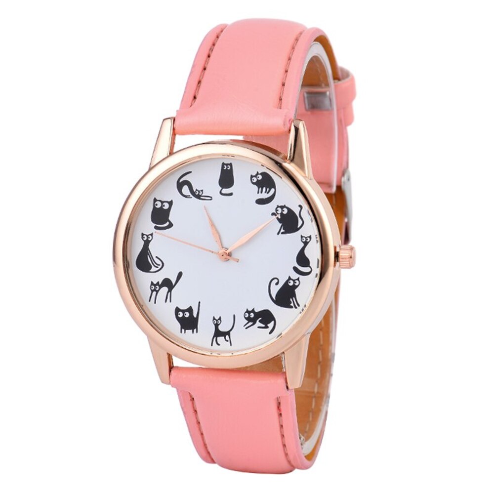ヴィンテージレザー腕時計 かわいい猫の時計 日常のファッション レディースクォーツ時計 |腕時計 | ピンク