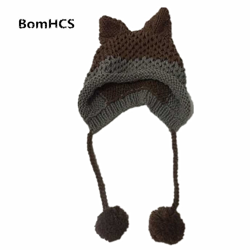 かわいいキツネの耳 ビーニー帽 冬暖かい 100％手作りニット帽 |ニット帽|手作りニット帽 ビーニー帽  | グリーングレー