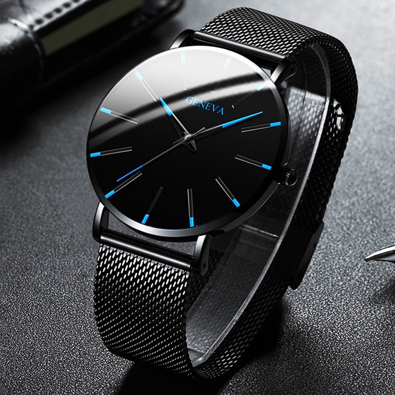 メンズウォッチ 超薄型 ステンレススチール メンズビジネスウォッチ メンズメッシュベルト クォーツ腕時計 男性時計 | Mブラックブルー