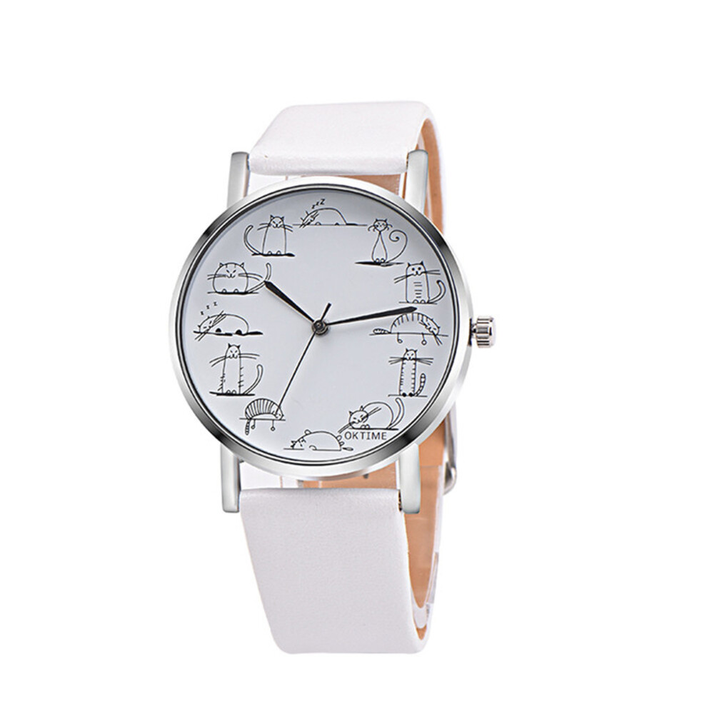 かわいい猫時計 女性カジュアル時計 革バンドクォーツ腕時計 レディース腕時計|女性  | 白