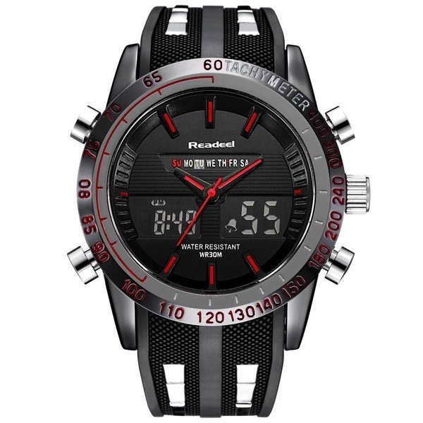 メンズ スポーツ 腕時計 生活防水 LED デジタル アナログ 両用 クォーツ  ミリタリー腕時計 デジアナ時計 | バリエーション:赤