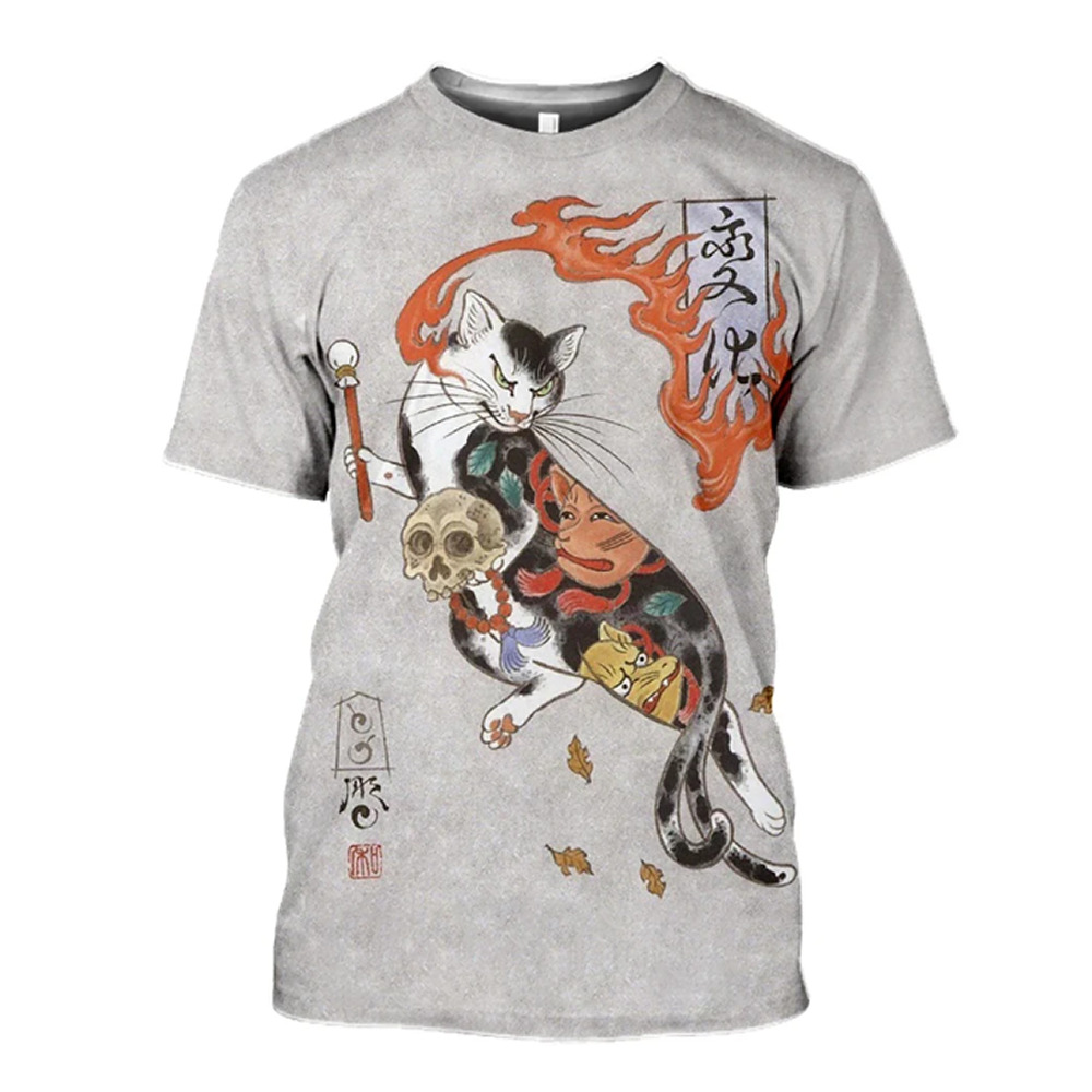Tシャツ メンズ 半袖 和風 和柄 浮世絵 猫柄 サムライ 夏服 おしゃれ 人気 おもしろ トップス 男女兼用 Mサイズ | 31501
