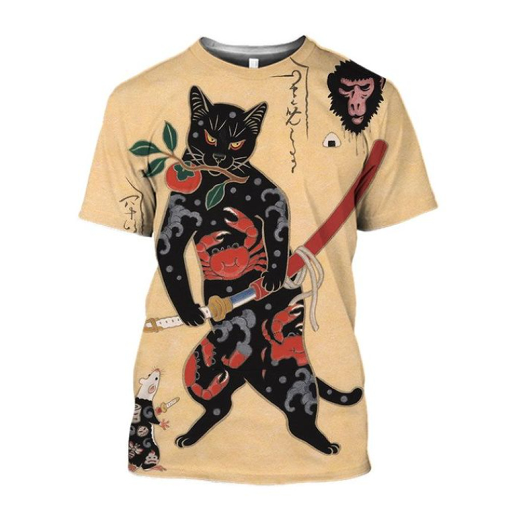 Tシャツ メンズ 半袖 和風 和柄 浮世絵 猫柄 サムライ 夏服 おしゃれ 人気 おもしろ トップス 男女兼用 Mサイズ | 6318