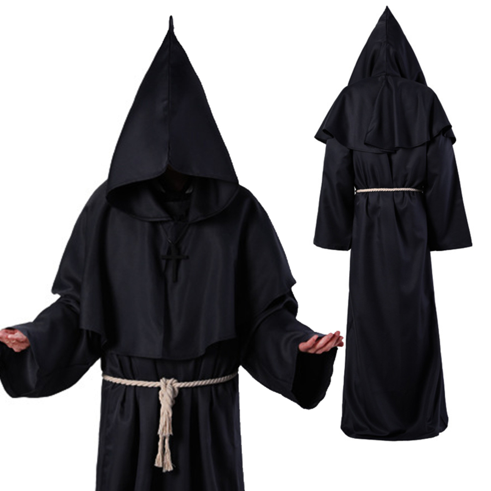 ハロウィン 儀式 ローブ 衣装 中世 ファンタジー カルト 宗教 ファンタジー 黒魔術 コスプレ マント フード 魔女 | ブラック-L