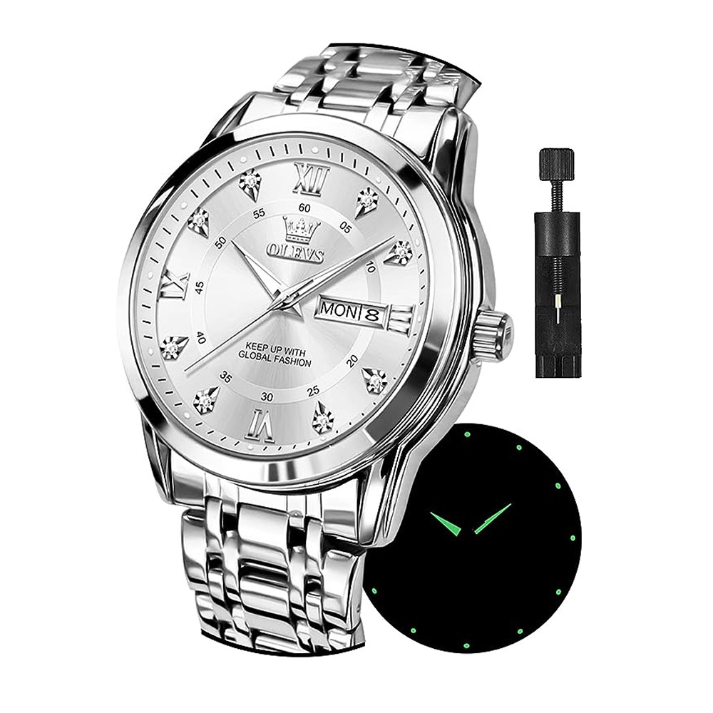 OLEVS 腕時計 メンズ シルバー 人気 クォーツ カレンダー 防水 ブランド ステンレス おしゃれ | silver