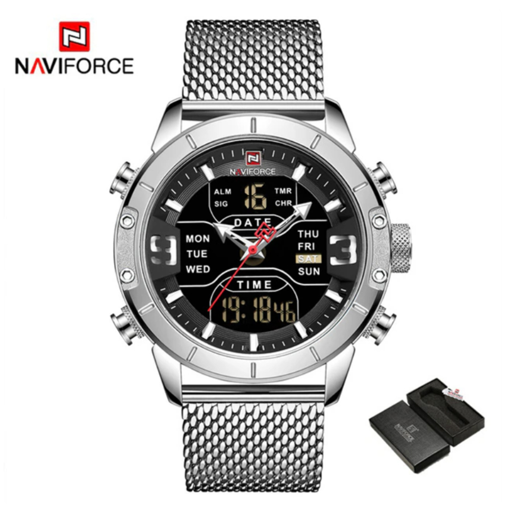 Naviforce メンズウォッチ クォーツクロノグラフ 腕時計 スポーツ ミリタリー アナログ デジタル led | シルバー(箱あり)
