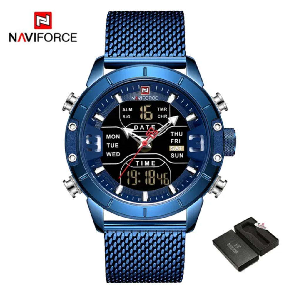Naviforce メンズウォッチ クォーツクロノグラフ 腕時計 スポーツ ミリタリー アナログ デジタル led | ブルー(箱あり)