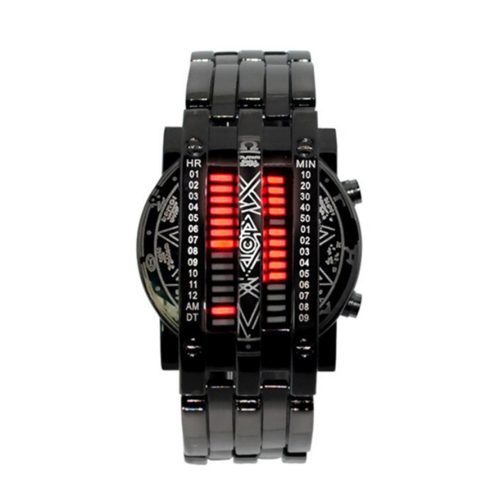 バイナリー腕時計 メンズ レディース スポーツ ステンレス LED ユニーク デジタル腕時計 ギフト プレゼント | 黒-赤