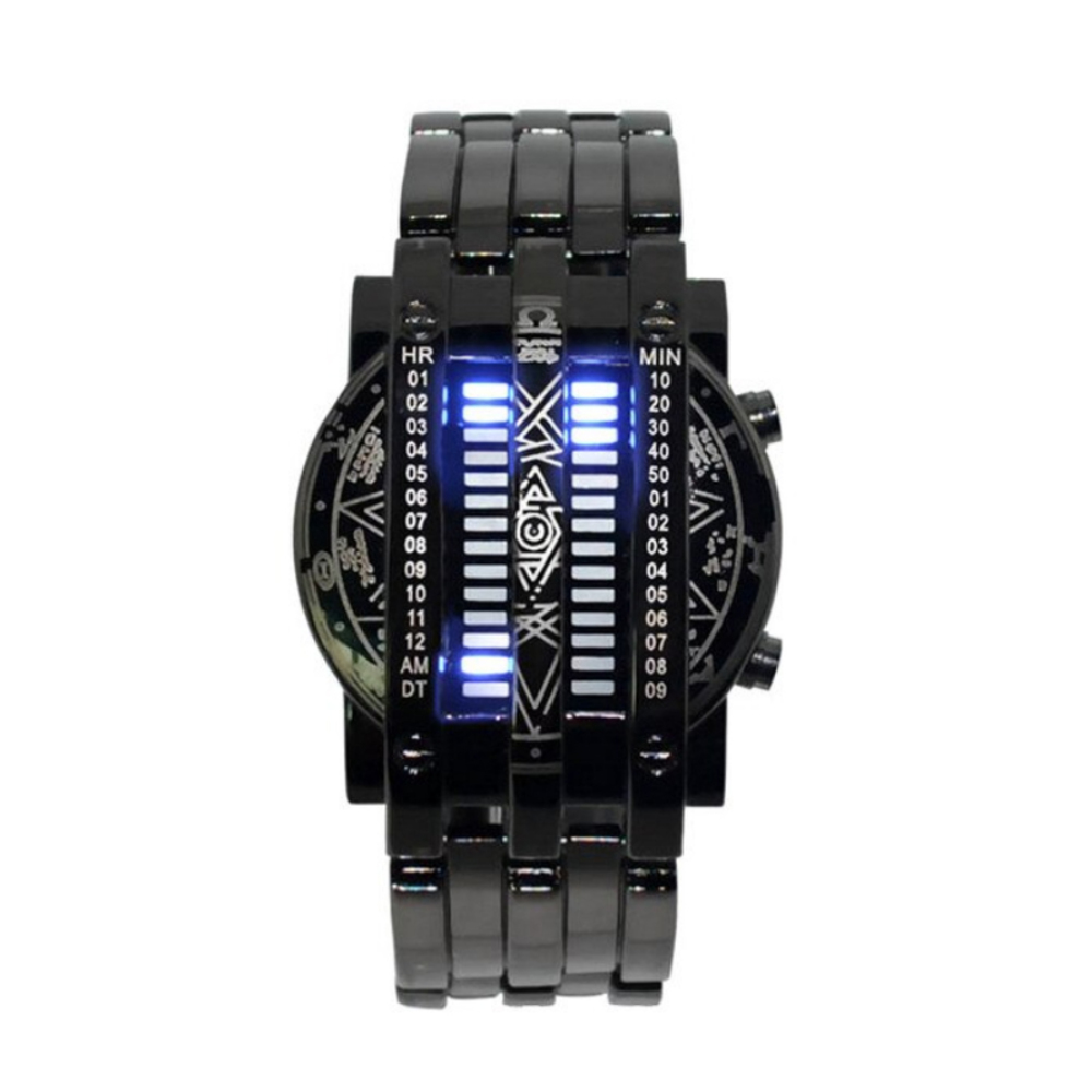 バイナリー腕時計 メンズ レディース スポーツ ステンレス LED ユニーク デジタル腕時計 ギフト プレゼント | 黒-青