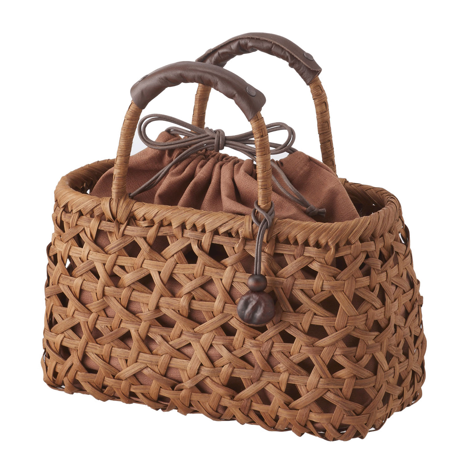 やまぶどう籠 横長・透みだれ・柿渋巾着・栃の実根付・ハンドルカバー付