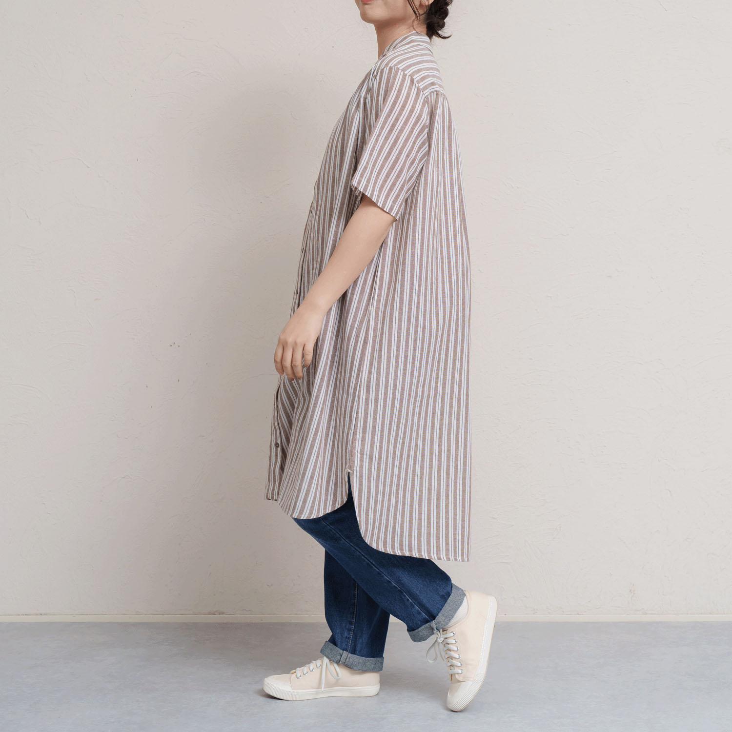 先染めチェック＆ストライプ5分袖シャツワンピース - 画像2