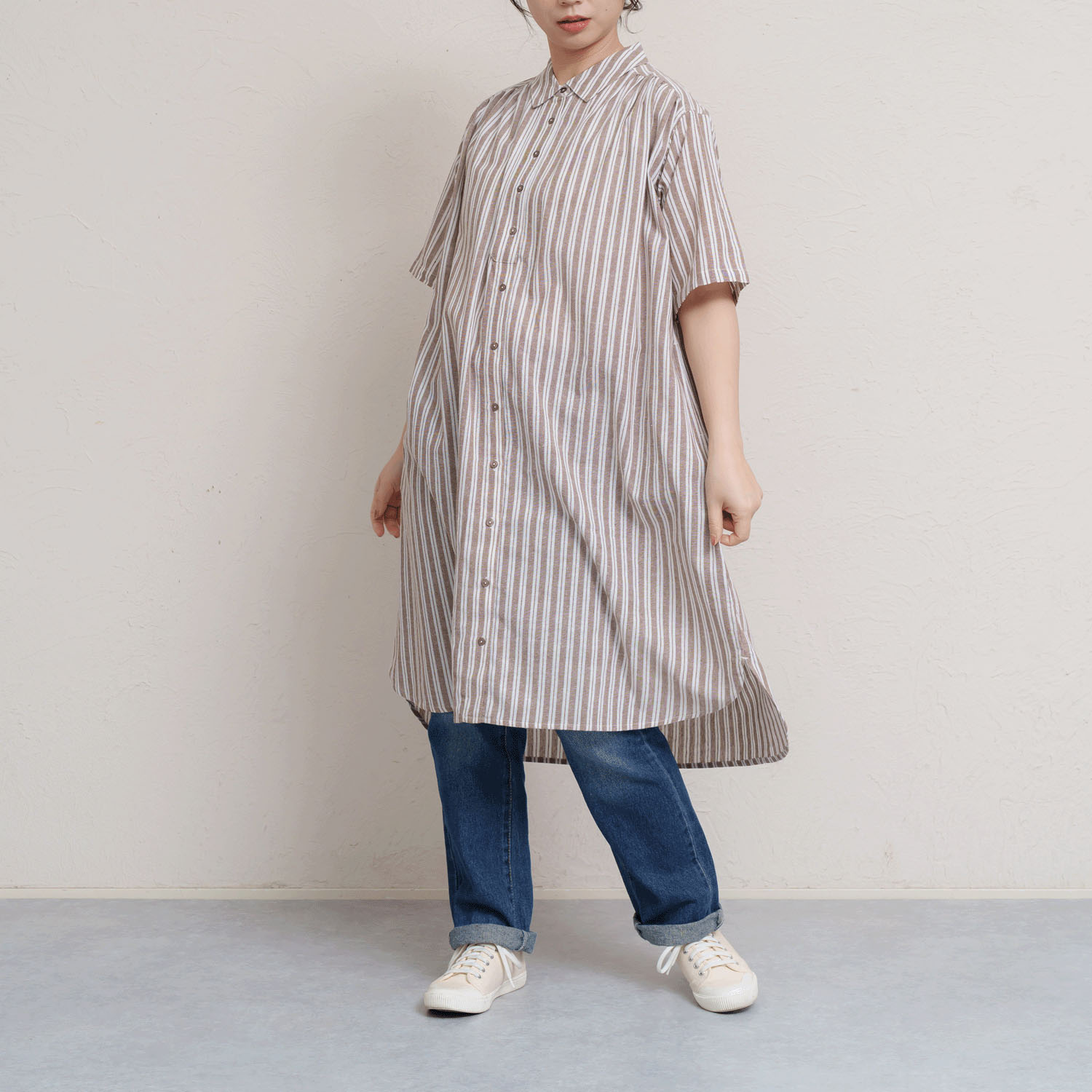 先染めチェック＆ストライプ5分袖シャツワンピース - 画像1