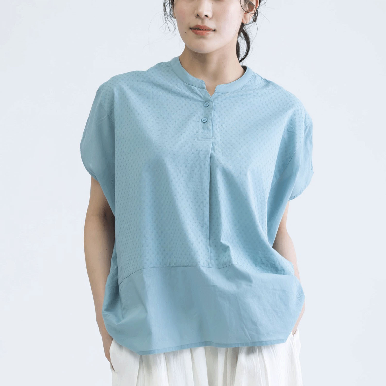 コットンドビーx無地半袖コクーンブラウス - 画像1