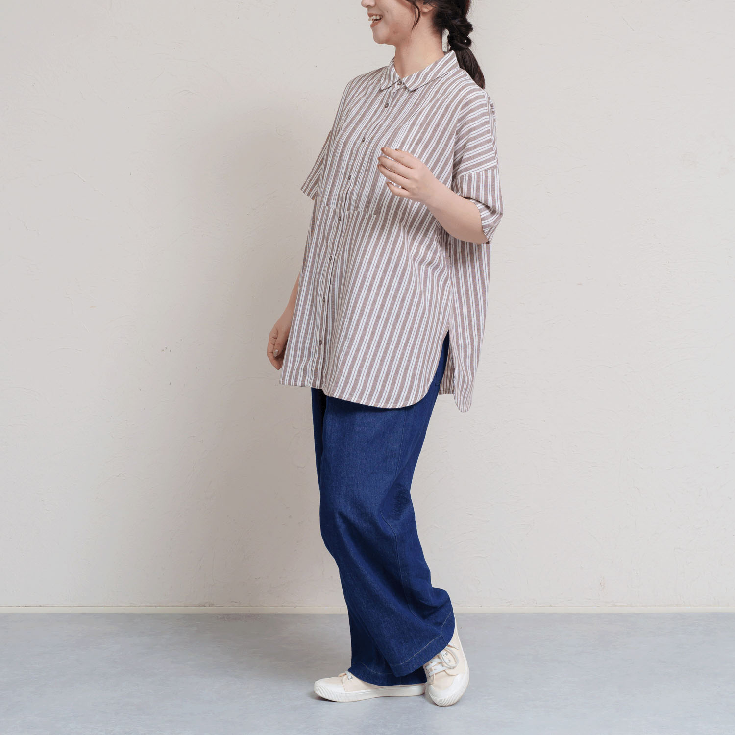 先染めチェック＆ストライプバックデザイン5分袖ブラウス - 画像2