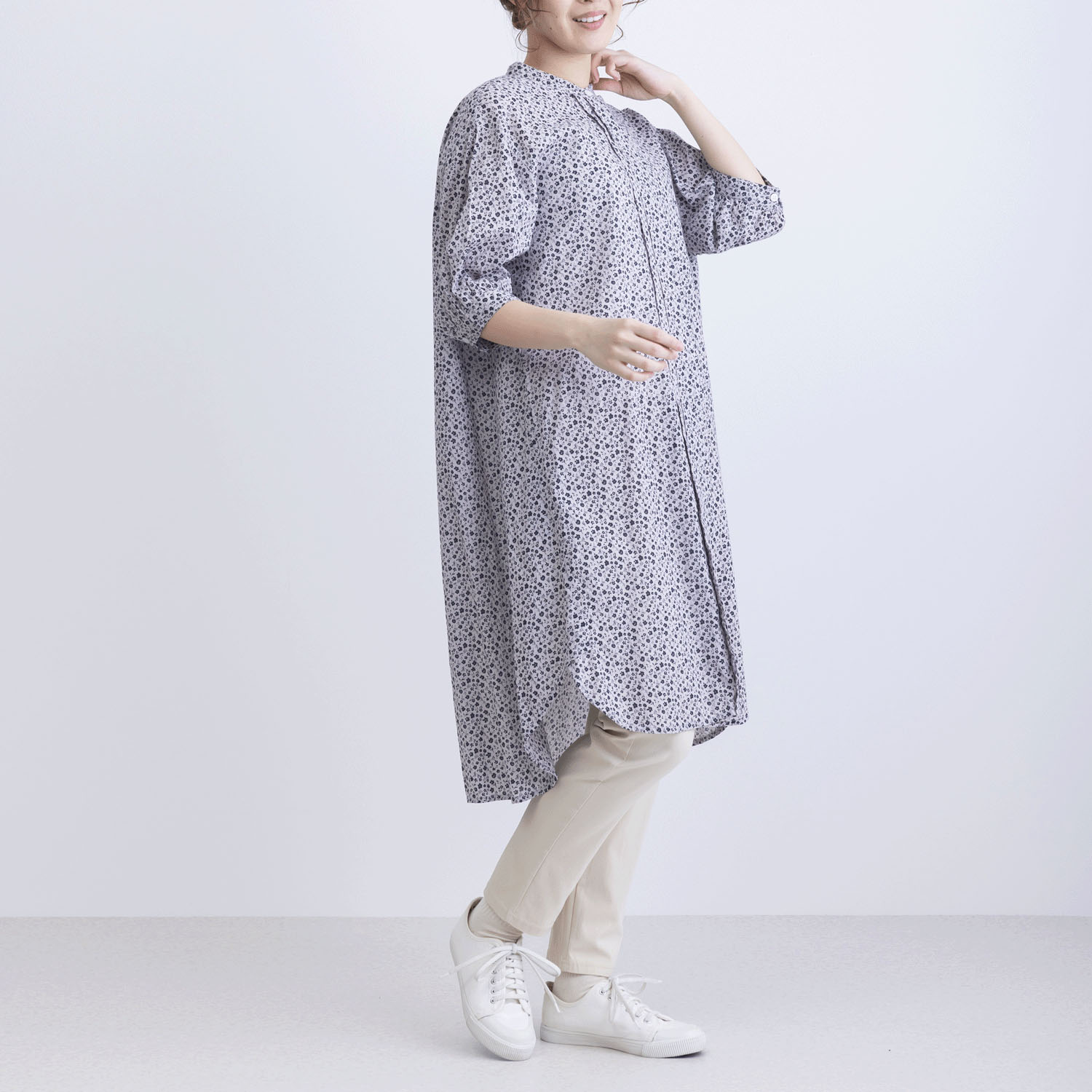 フラワープリント7分袖前開きワンピース - 画像2