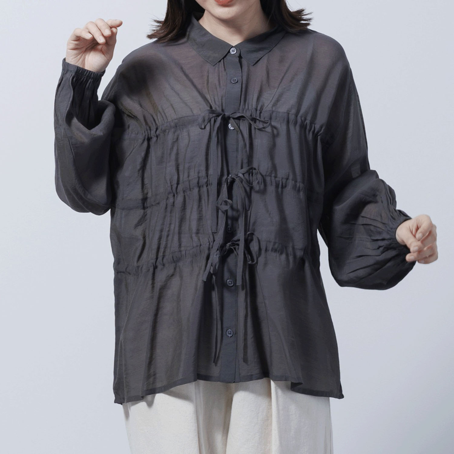 ドロストリボンシャツブラウス - 画像2