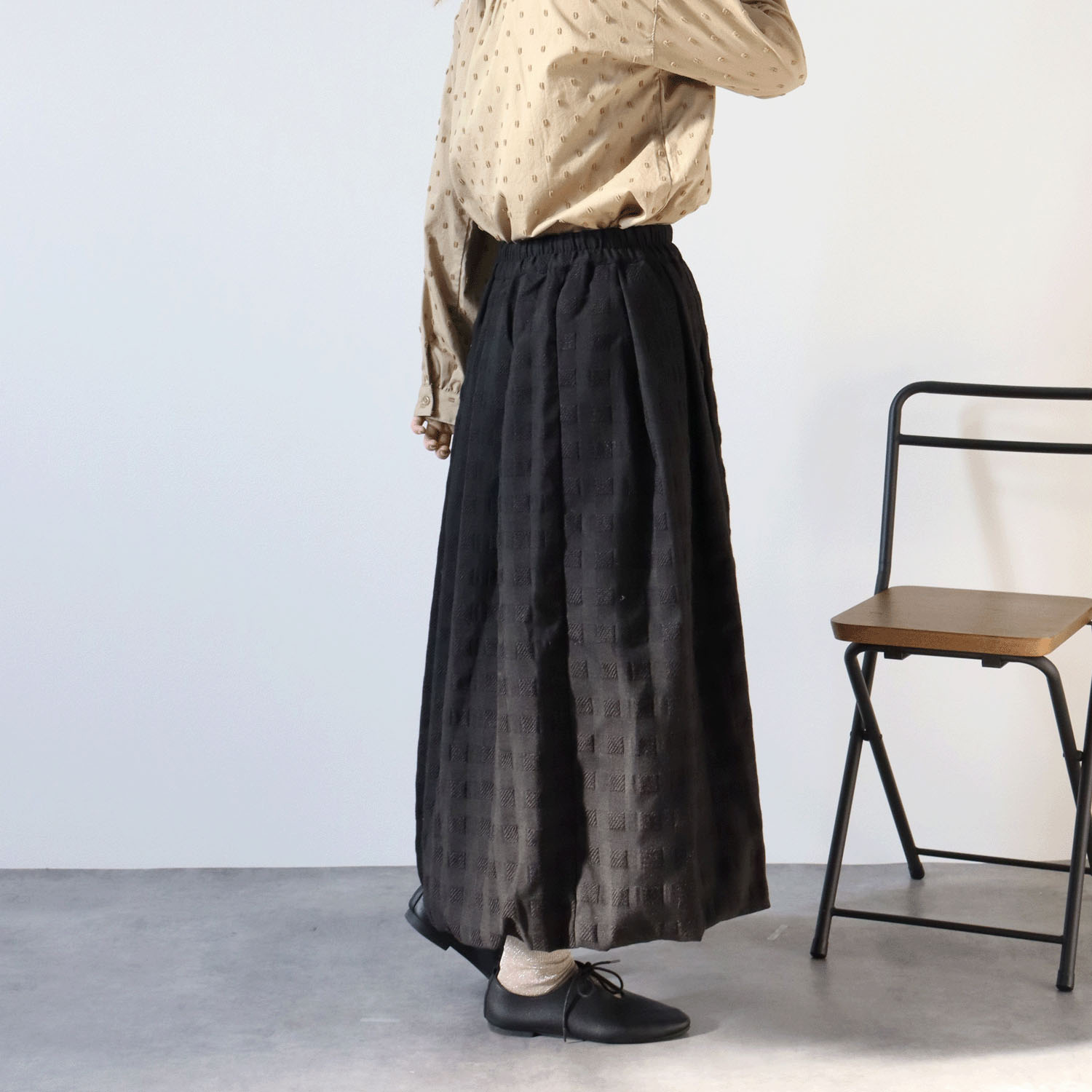 cloudnine ノンノ ドビーチェック無地8分丈バルーンスカート - 画像8