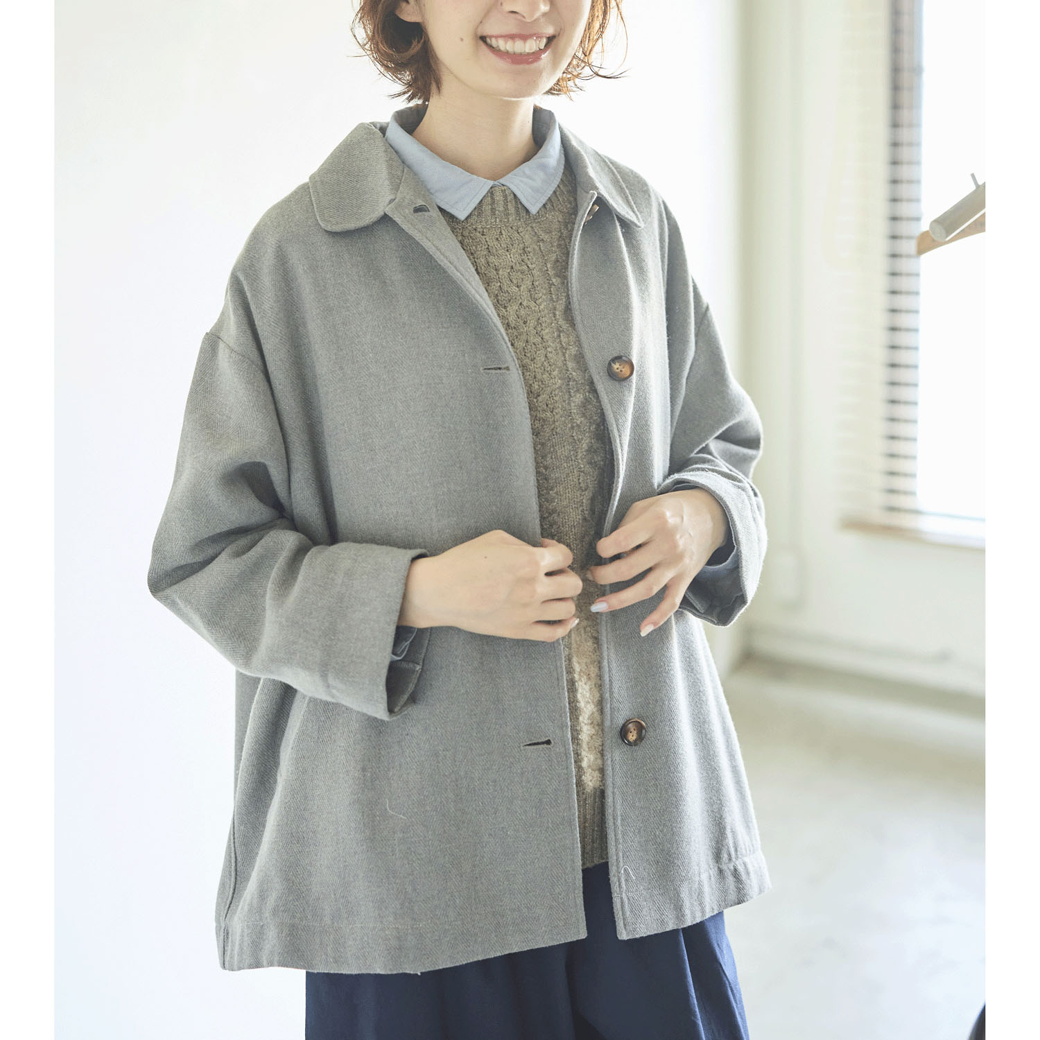 cloudnine ノンノ 毛混 ヘリンボーン柄 ポケット付き 襟付きショートコート - 画像2