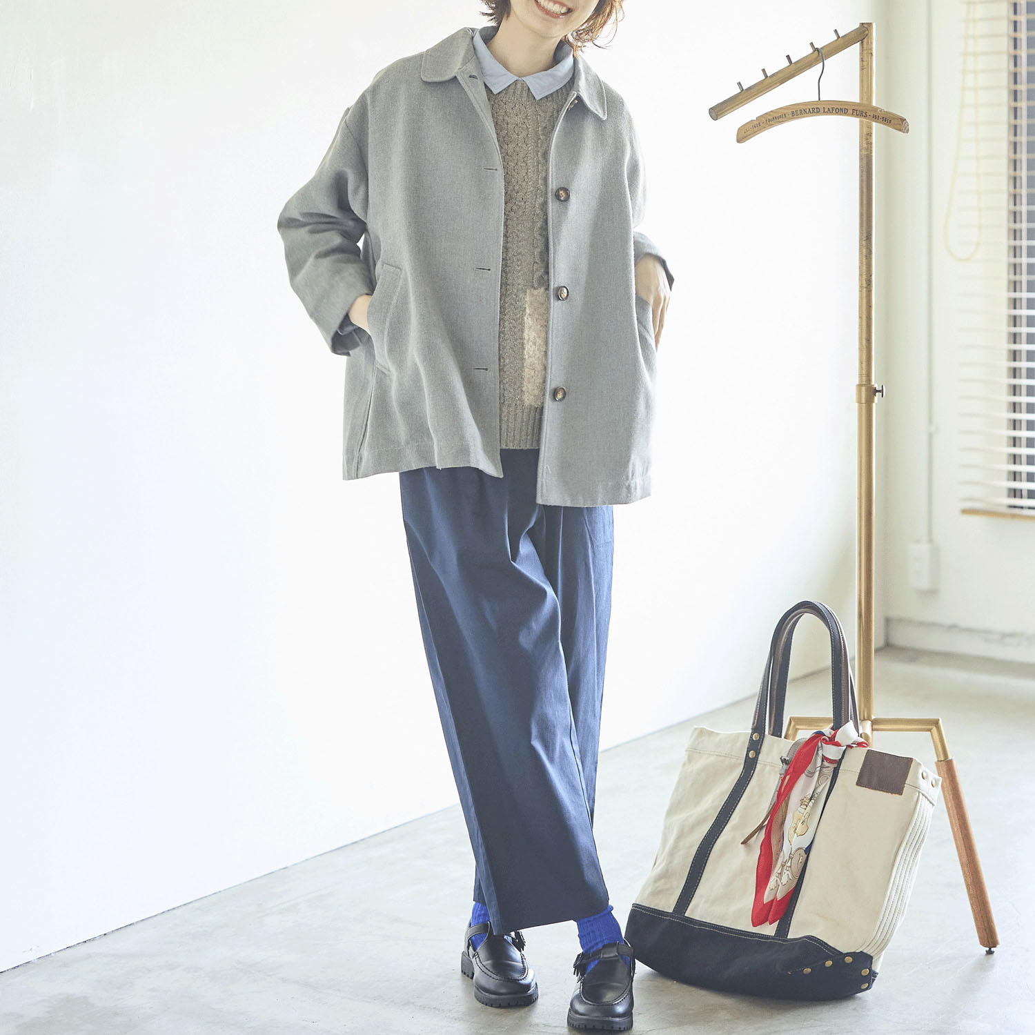 cloudnine ノンノ 毛混 ヘリンボーン柄 ポケット付き 襟付きショートコート - 画像6