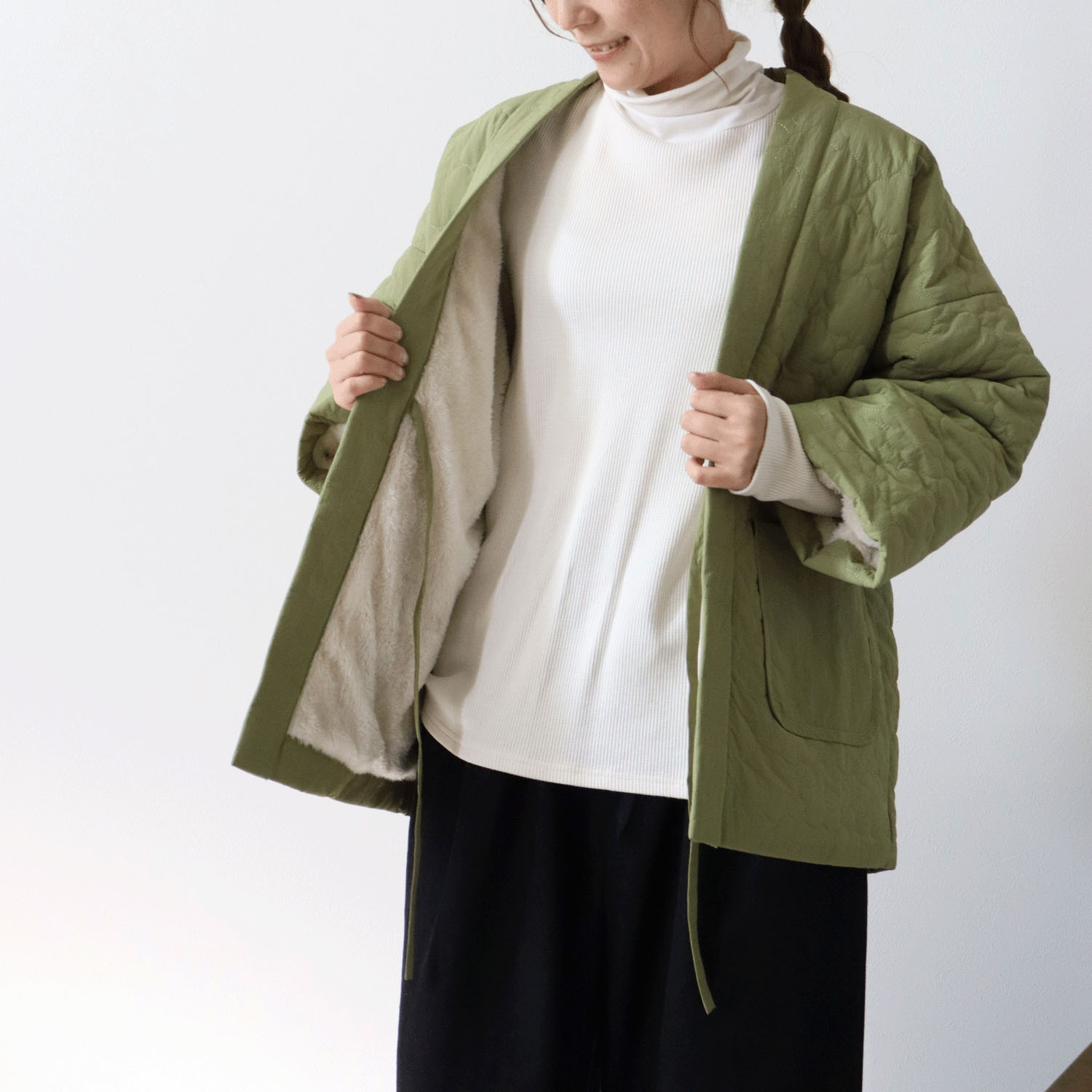 cloudnine ノンノ ナイロン中綿入り雲形キルト裏ボアフリースはんてん - 画像10