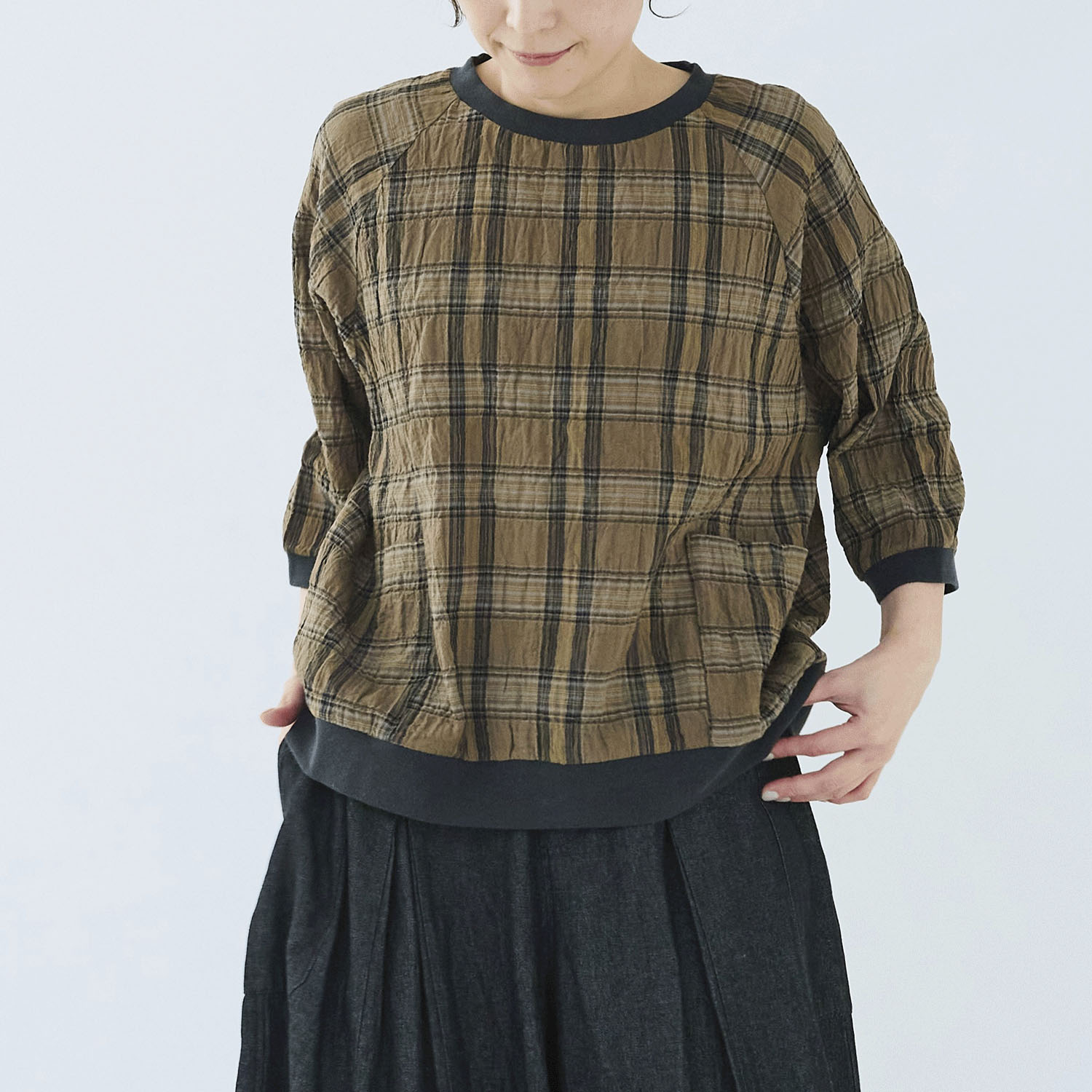 ノンノ ブラウス 綿Pu布帛チェック＋リブ - 画像7