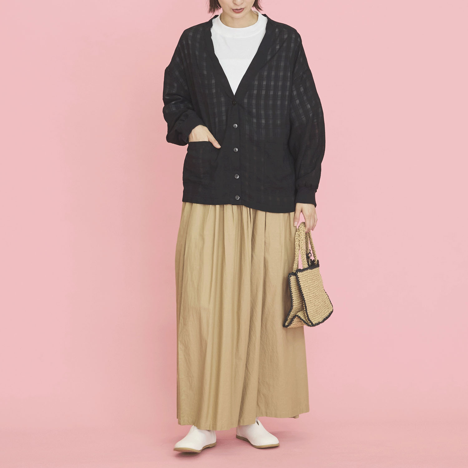 オーブ m．n シアーチェックボタン開き長袖ドルマンカーディガン - 画像4