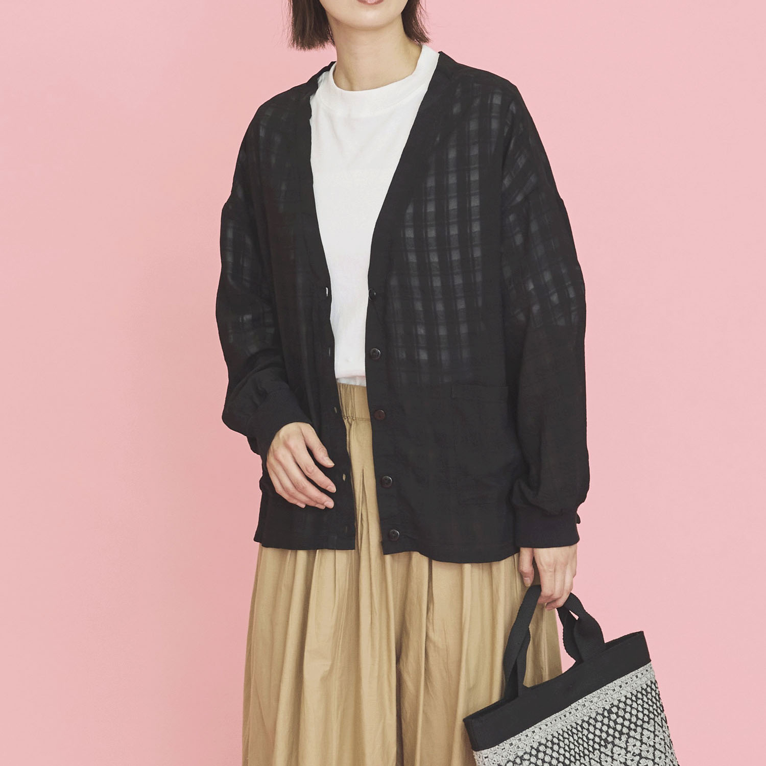 オーブ m．n シアーチェックボタン開き長袖ドルマンカーディガン - 画像1