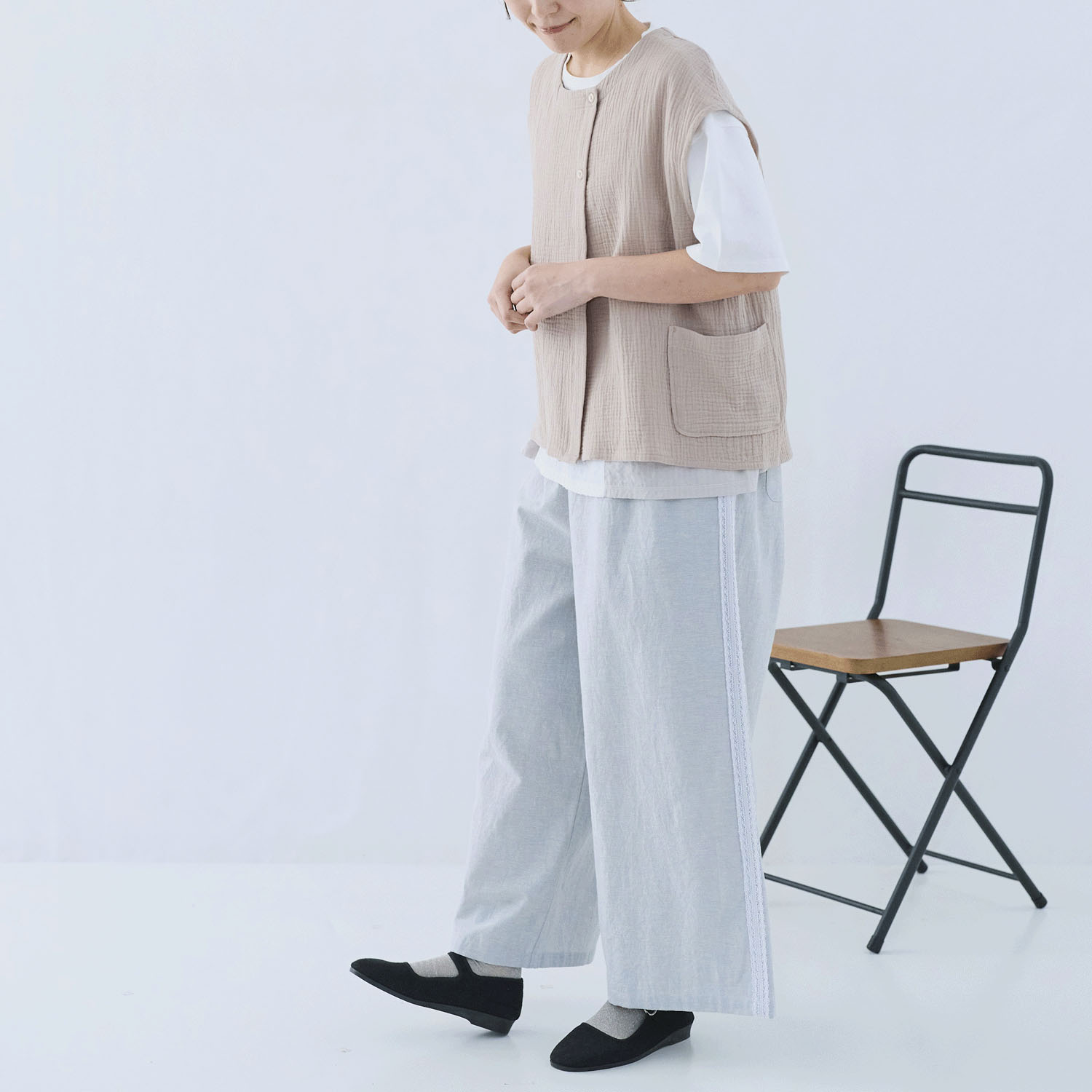 cloudnine ノンノ 先染め綿麻脇レース切替ワイドパンツ - 画像3