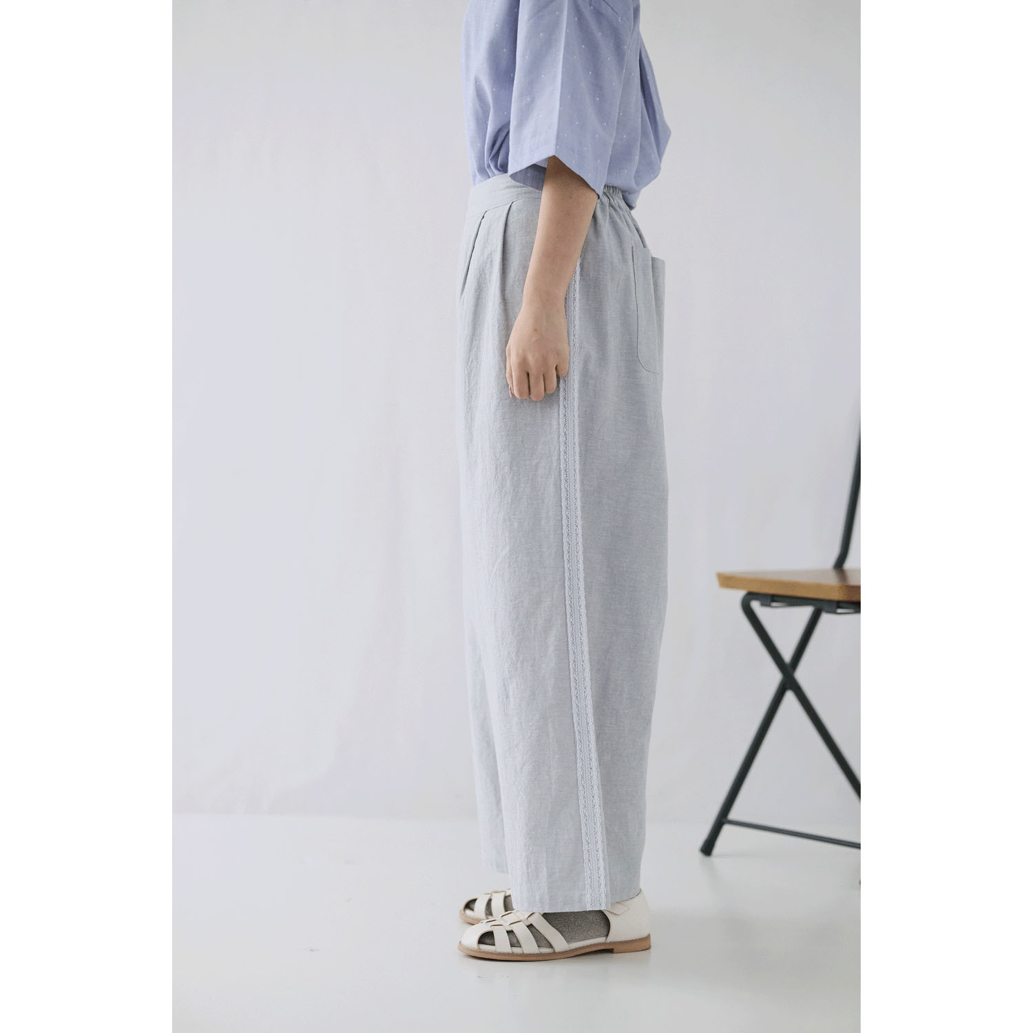 cloudnine ノンノ 先染め綿麻脇レース切替ワイドパンツ - 画像6