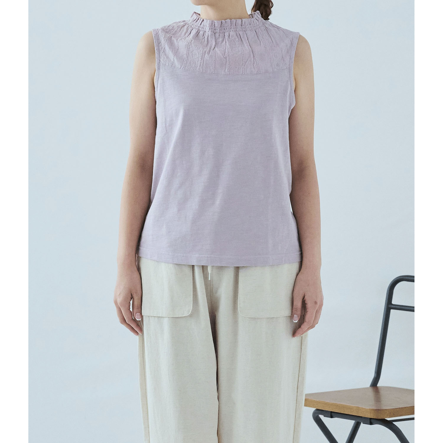 cloudnine 定番SZコットンスラブ天竺×ドビーストライプ刺繍タンクトップ - 画像1