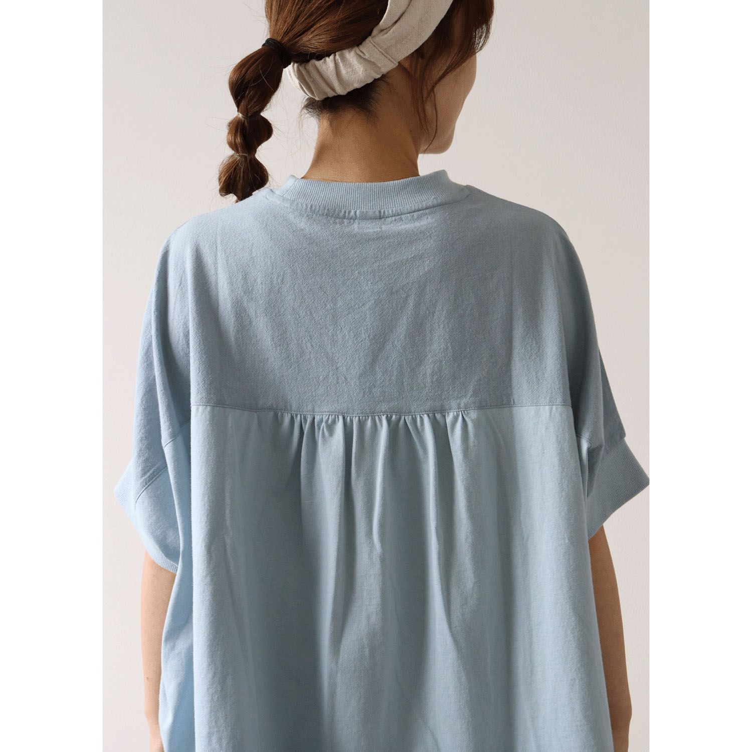 cloudnine UV加工 コットン天竺×綿麻布帛切替ドルマンハーフ袖カットソー - 画像16