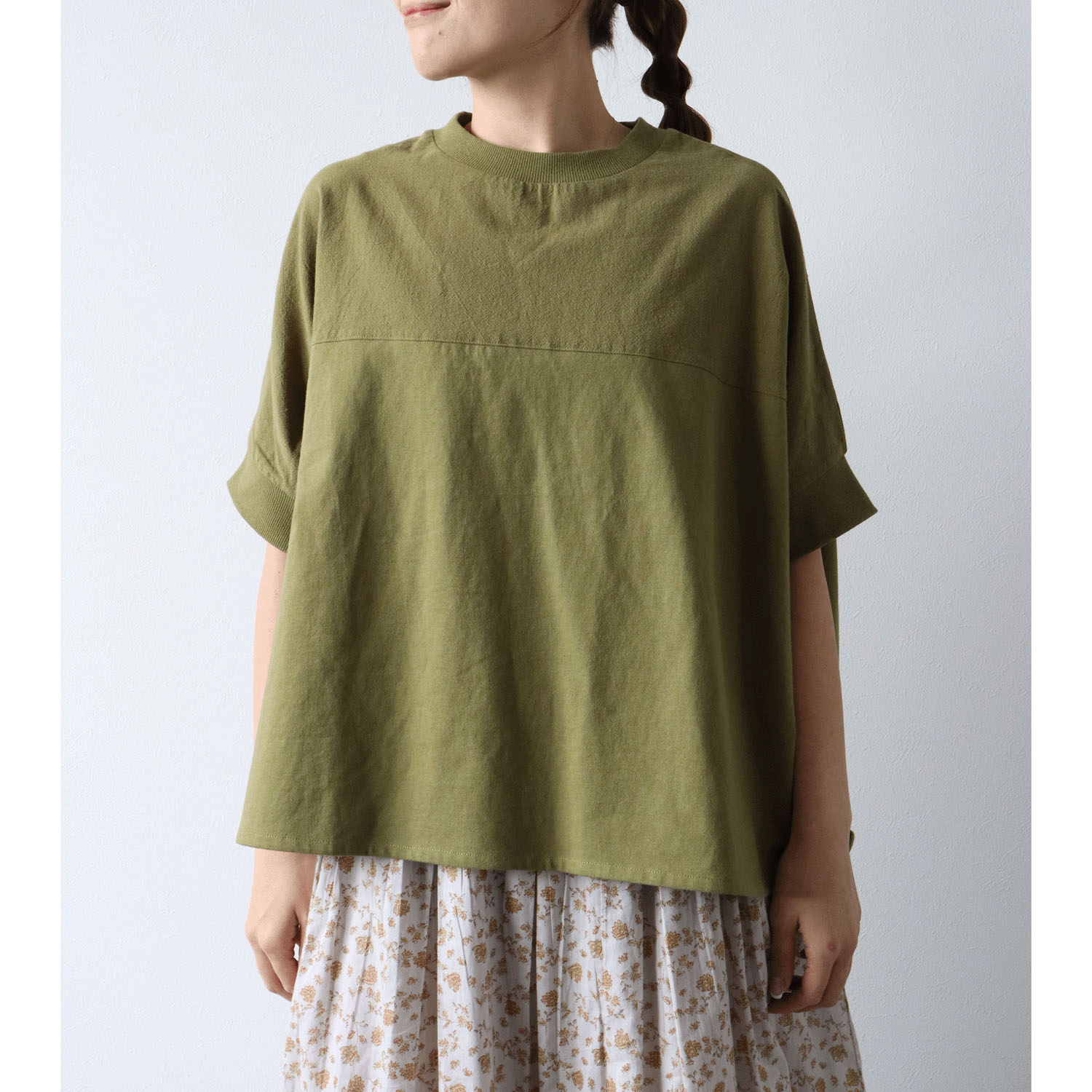cloudnine UV加工 コットン天竺×綿麻布帛切替ドルマンハーフ袖カットソー - 画像8